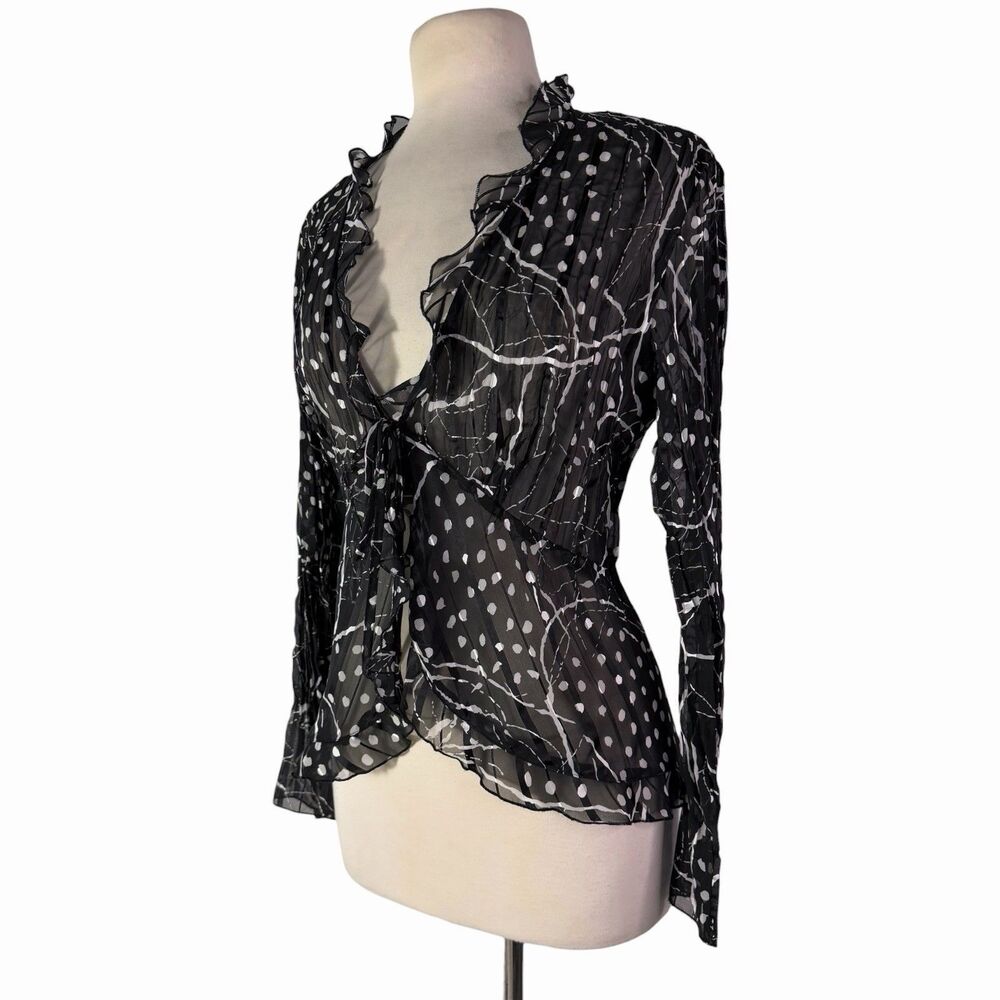 VTG Notations Black Sheer Polka Dot Ruffle Tie Front Blouse Top Y2K Witchy Small